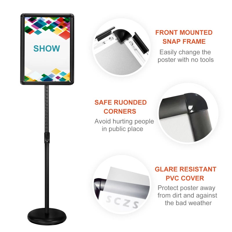 SCZS Heavy Duty Floor Sign Stand Adjustable Pedestal Sign Holder Stand, Poster Stand Aluminum Snap Open Frame for 8.5X11 Inches with Heavy Round Base, Both Vertical and Horizontal Sign Displayed - Image 5